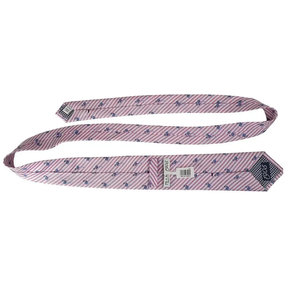 NWT Jos. A. Bank 1905 Silk Neck Tie Pink Striped Blue Flamingo Birds